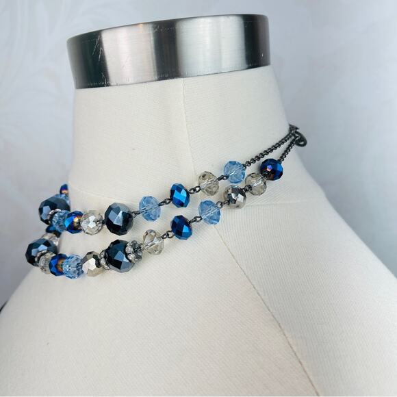 Trifari blue clear beaded 2 strand necklace choker - Picture 4 of 10